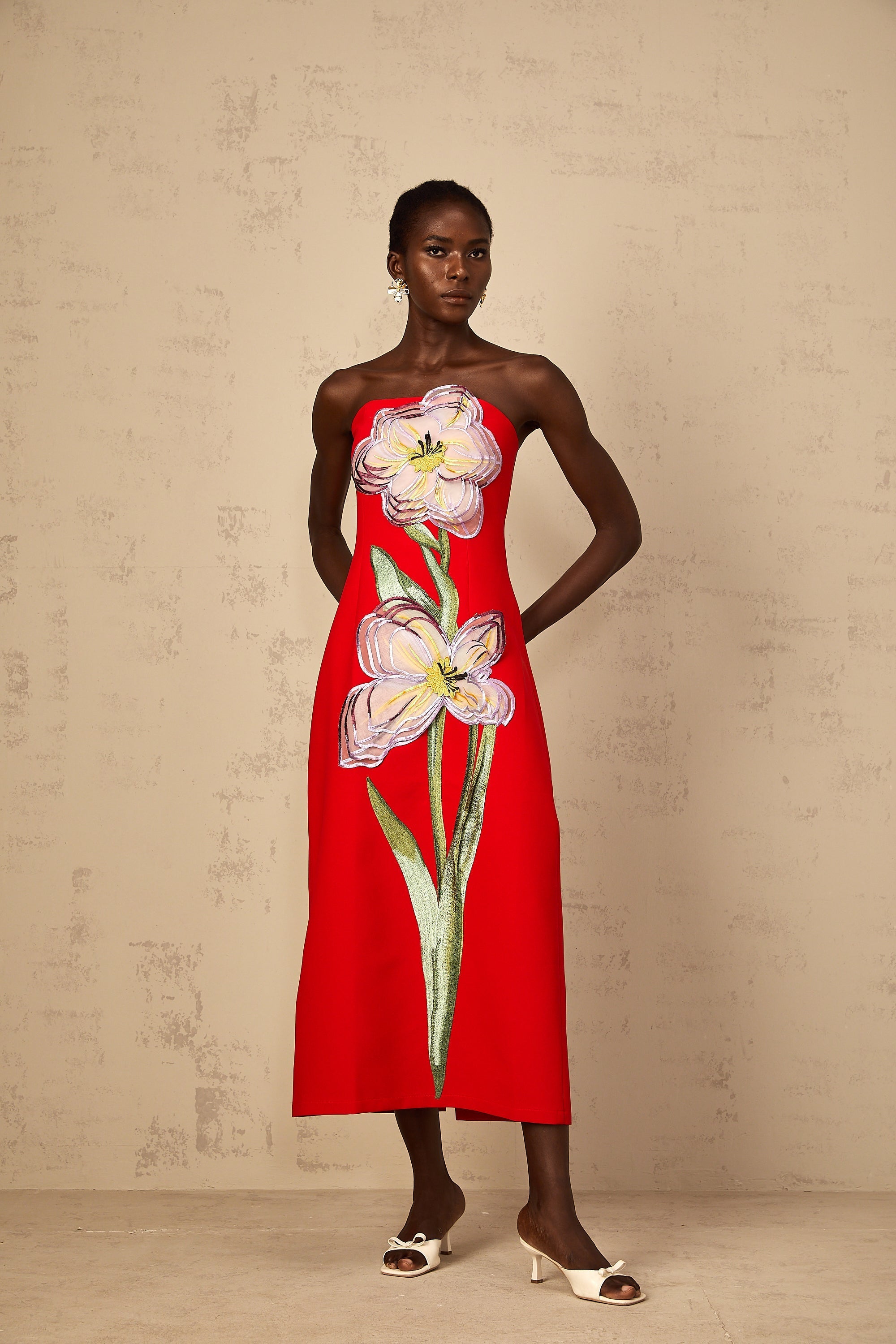 Irène Sequin Embroidered Off-Shoulder Midi Dress in Red (Final Sale-US Only)