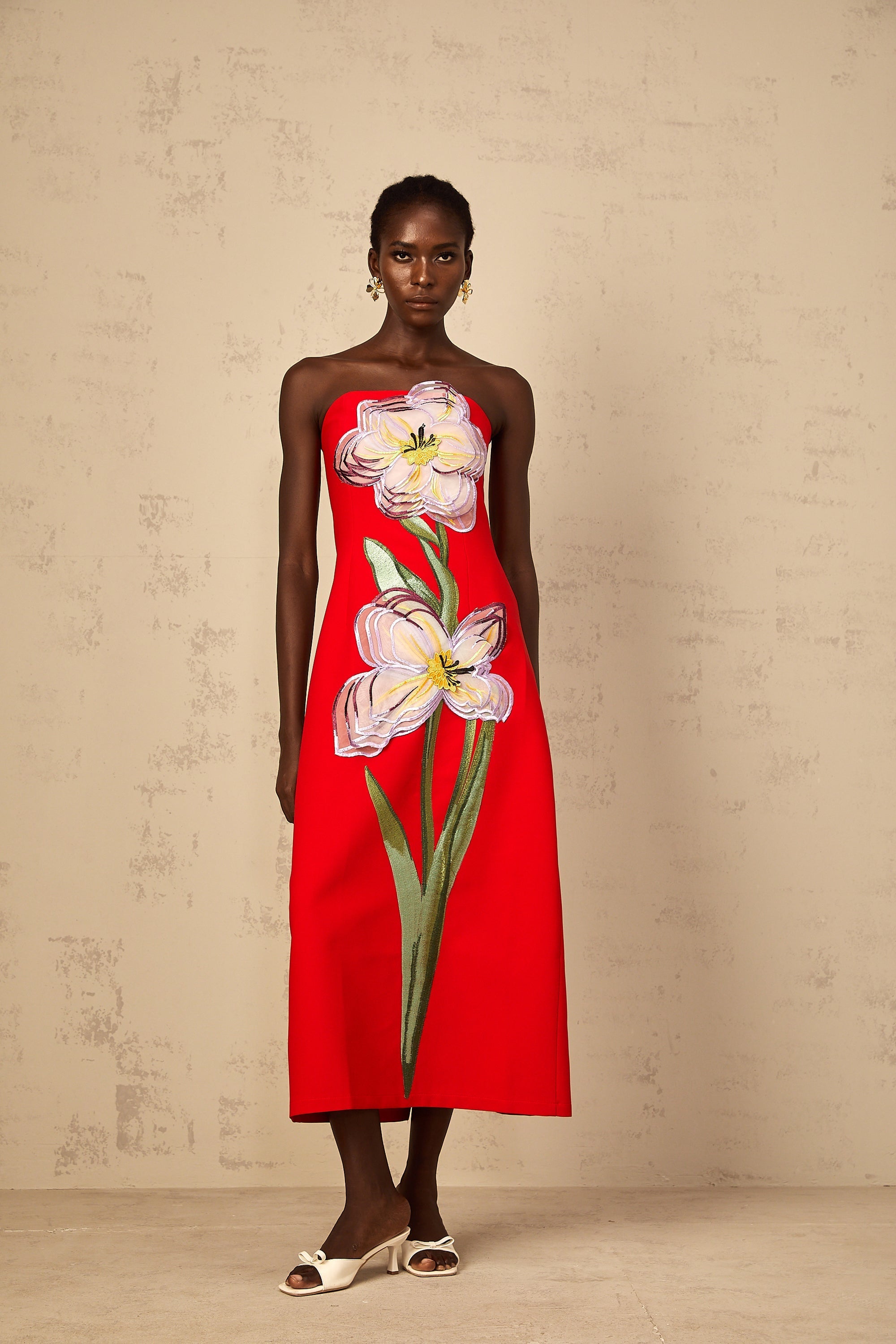 Irène Sequin Embroidered Off-Shoulder Midi Dress in Red (Final Sale-US Only)