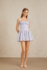 Valentin Blue Shirred Floral Print Mini Dress