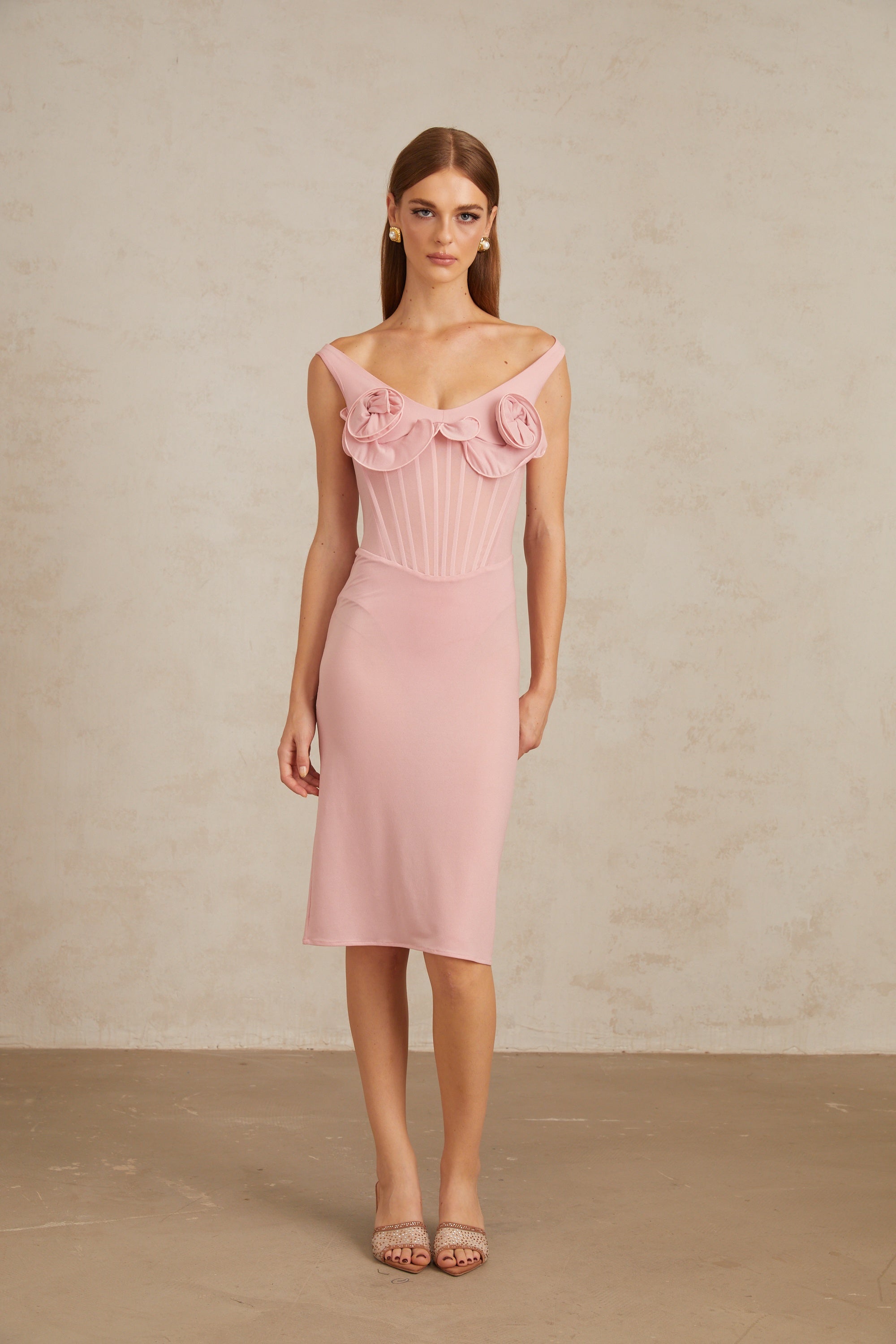 Aada Pink Fitted 3D Petal Midi Dress (Final Sale)