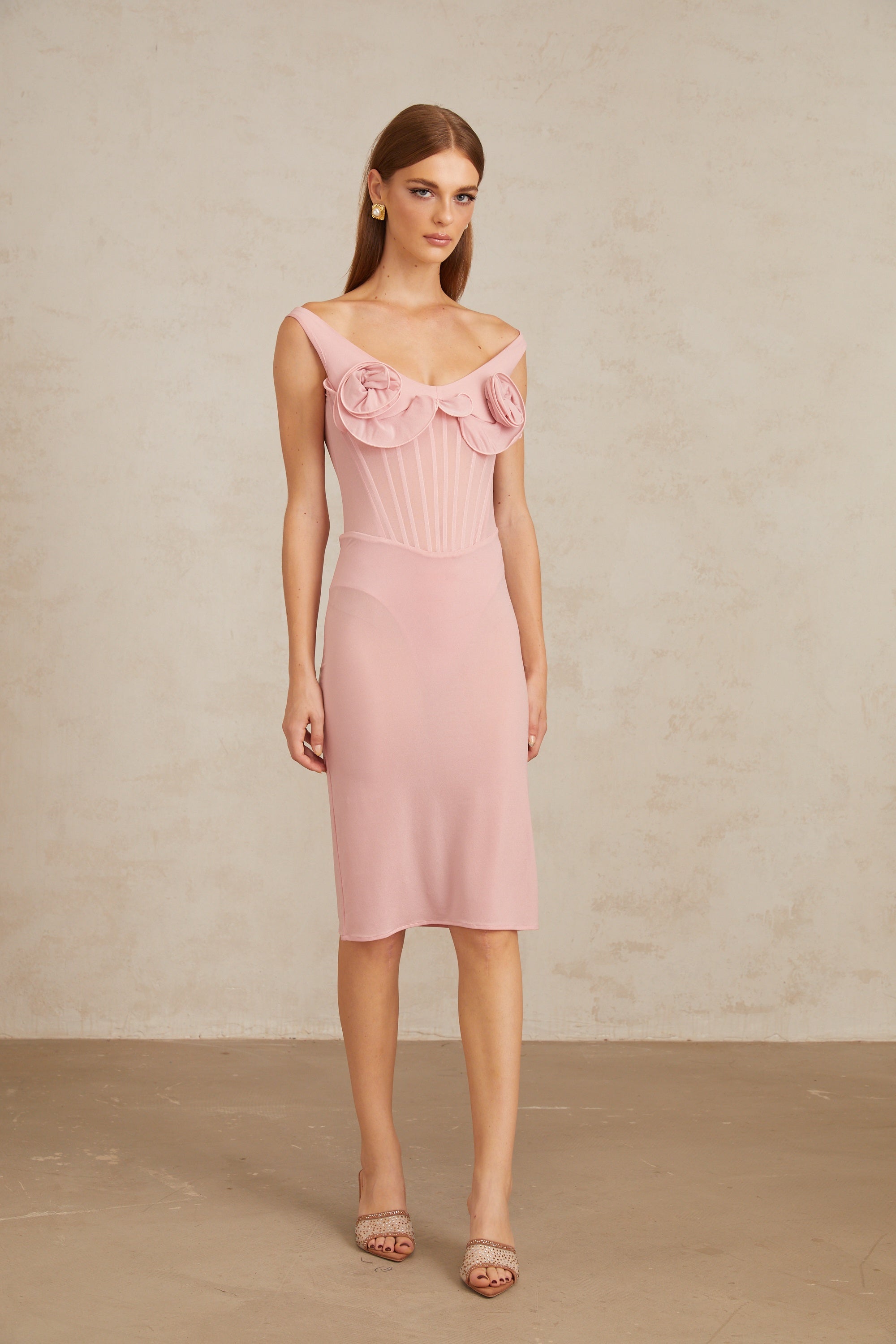 Aada Pink Fitted 3D Petal Midi Dress (Final Sale)