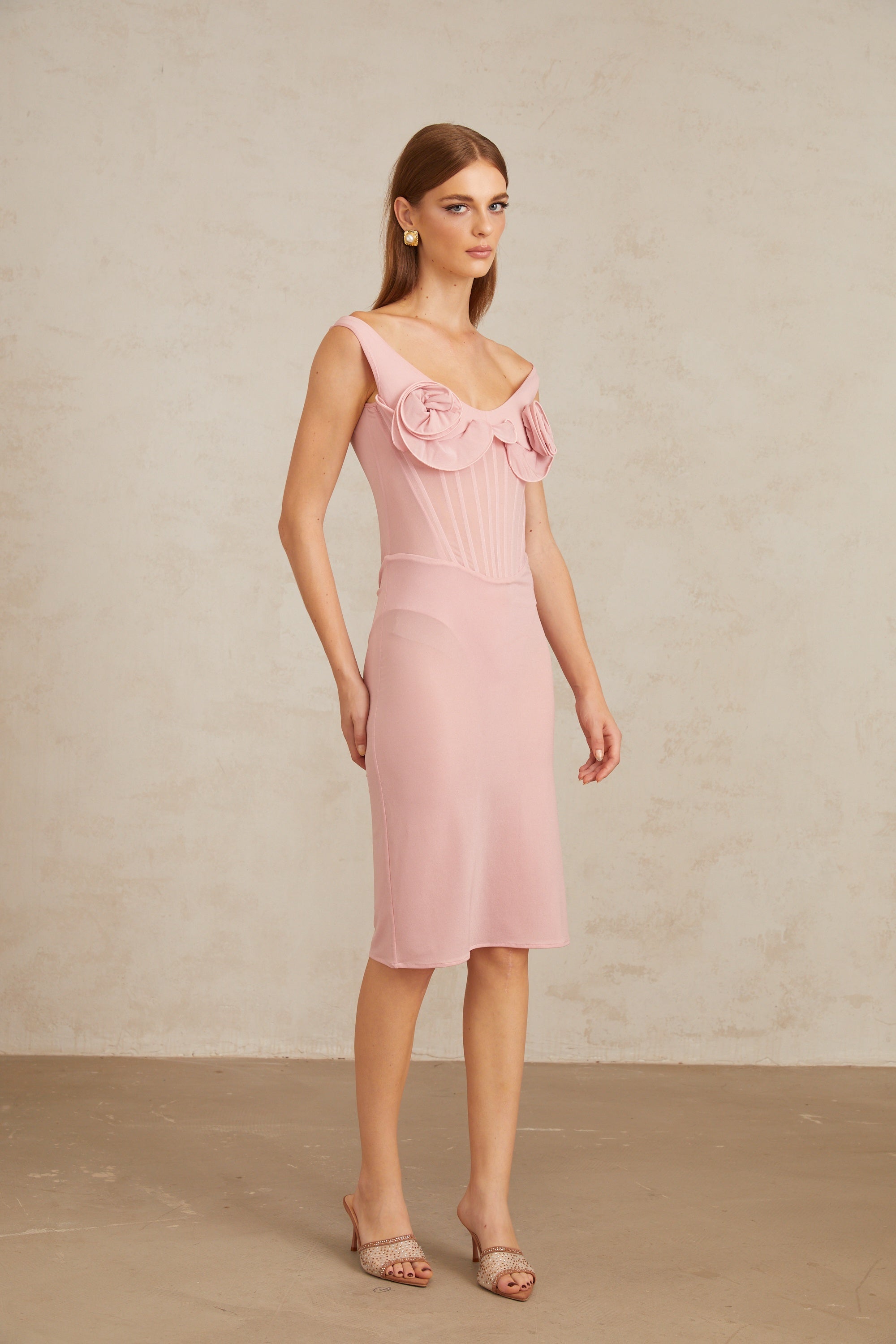 Aada Pink Fitted 3D Petal Midi Dress (Final Sale)