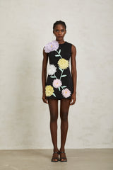 Véronique Black 3D Petal Sleeveless Mini Dress