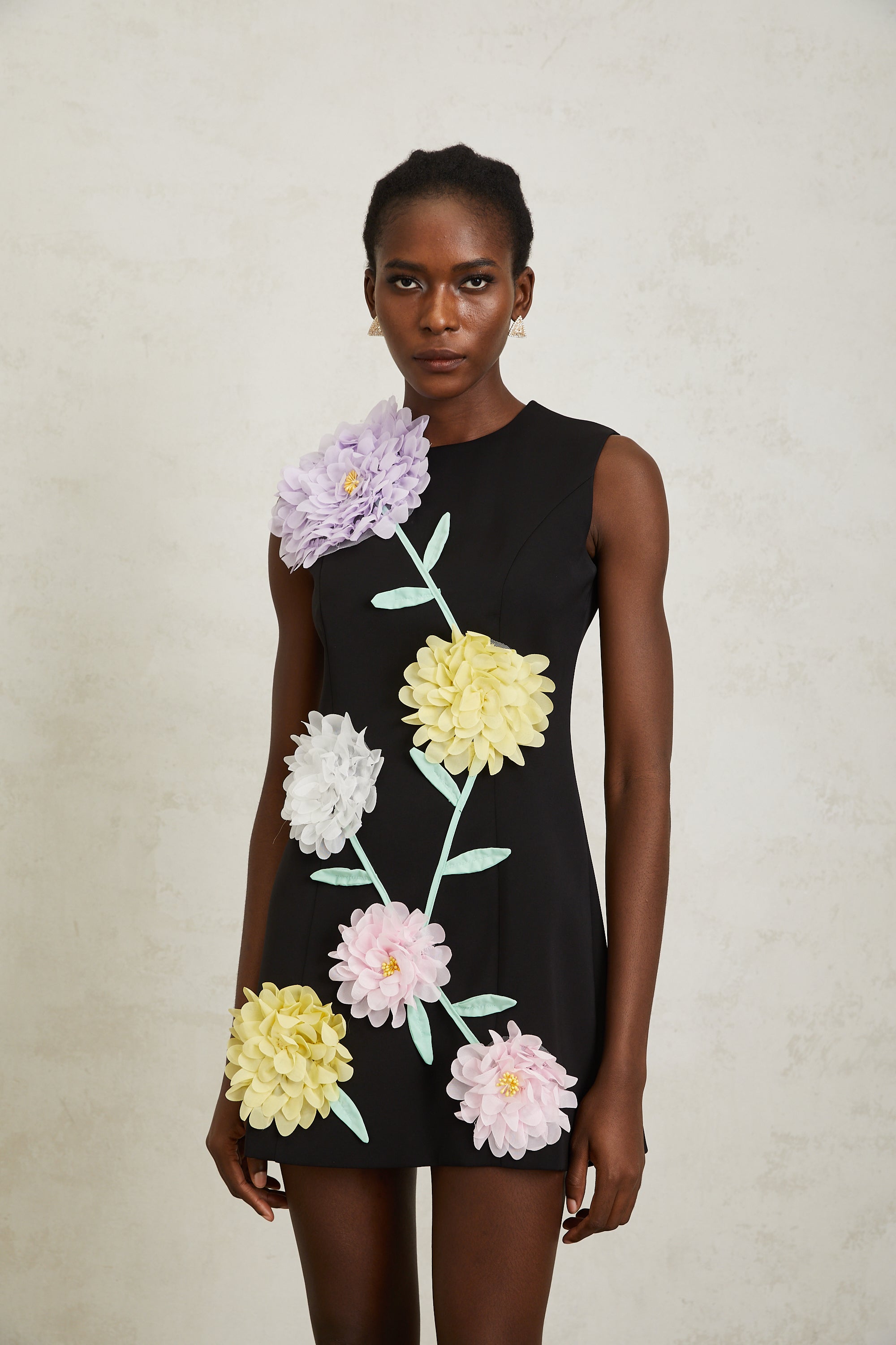 Véronique Black 3D Petal Sleeveless Mini Dress