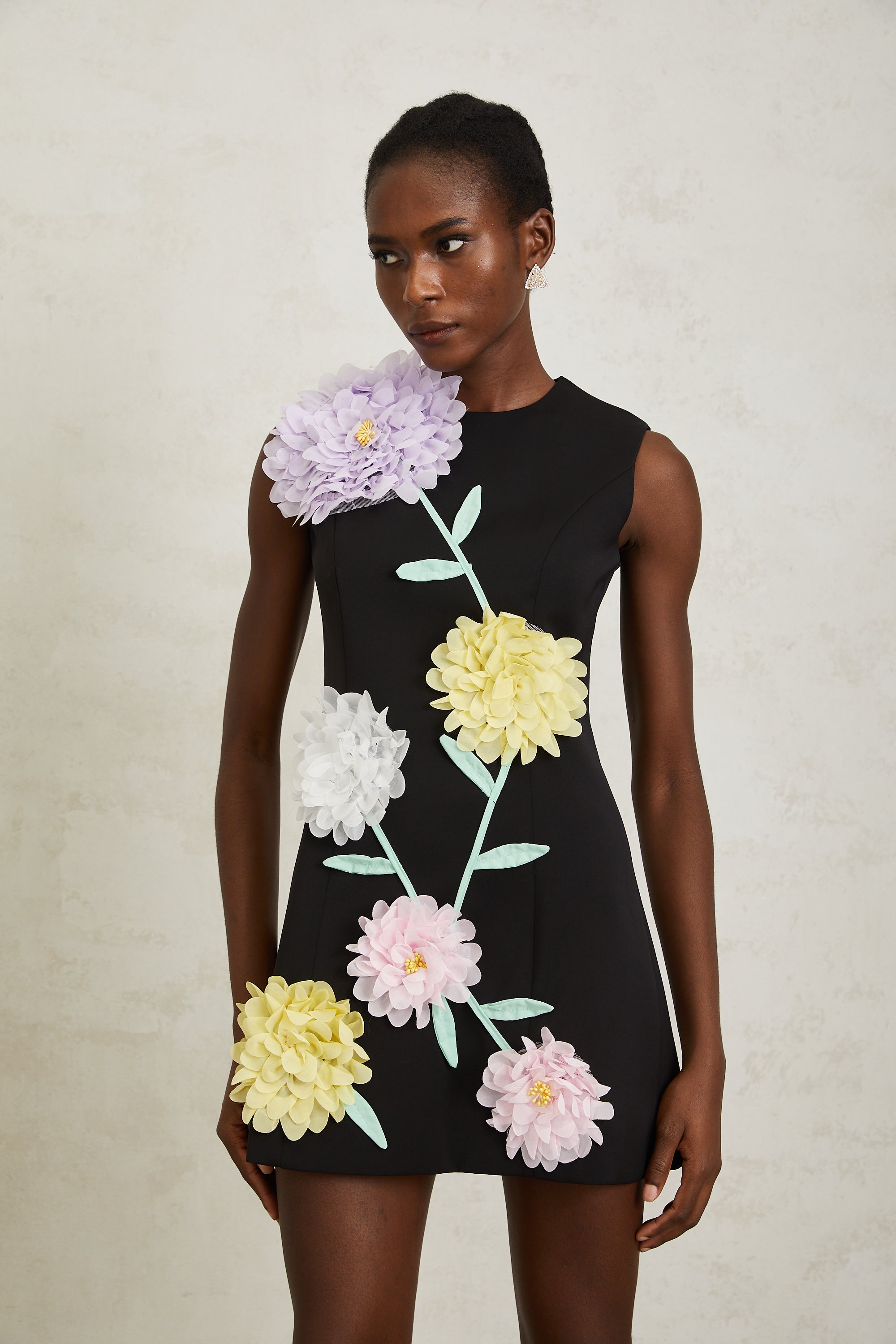 Véronique Black 3D Petal Sleeveless Mini Dress