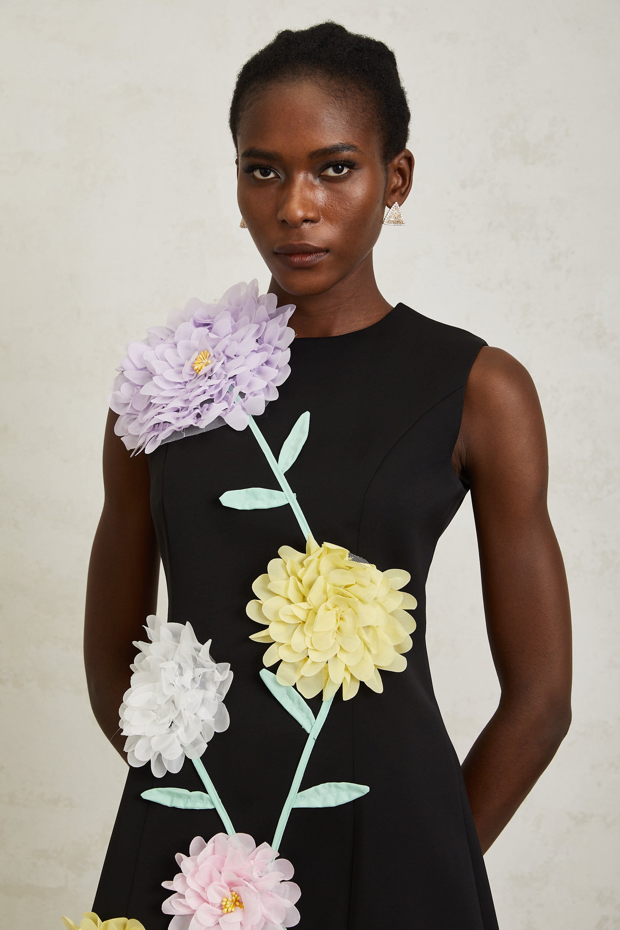 Véronique Black 3D Petal Sleeveless Mini Dress