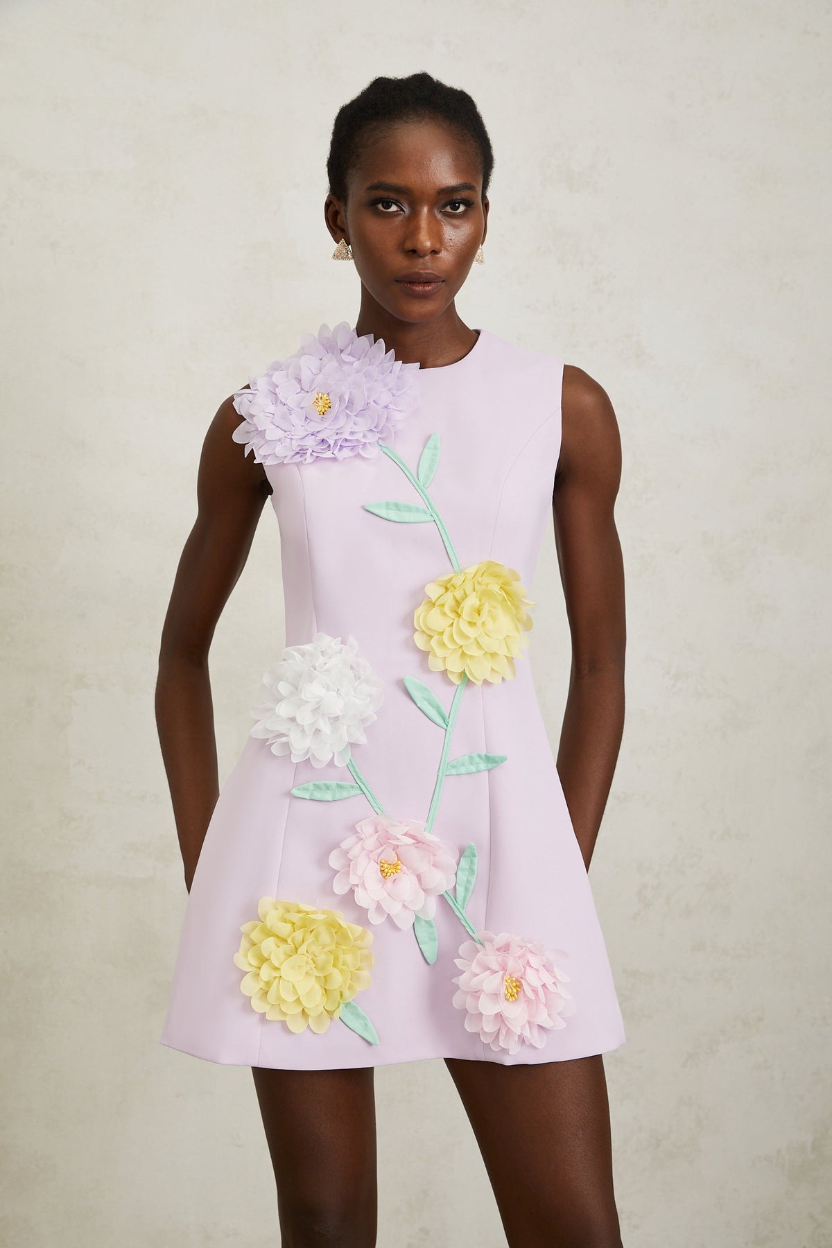 Véronique Purple 3D Petal Sleeveless Mini Dress