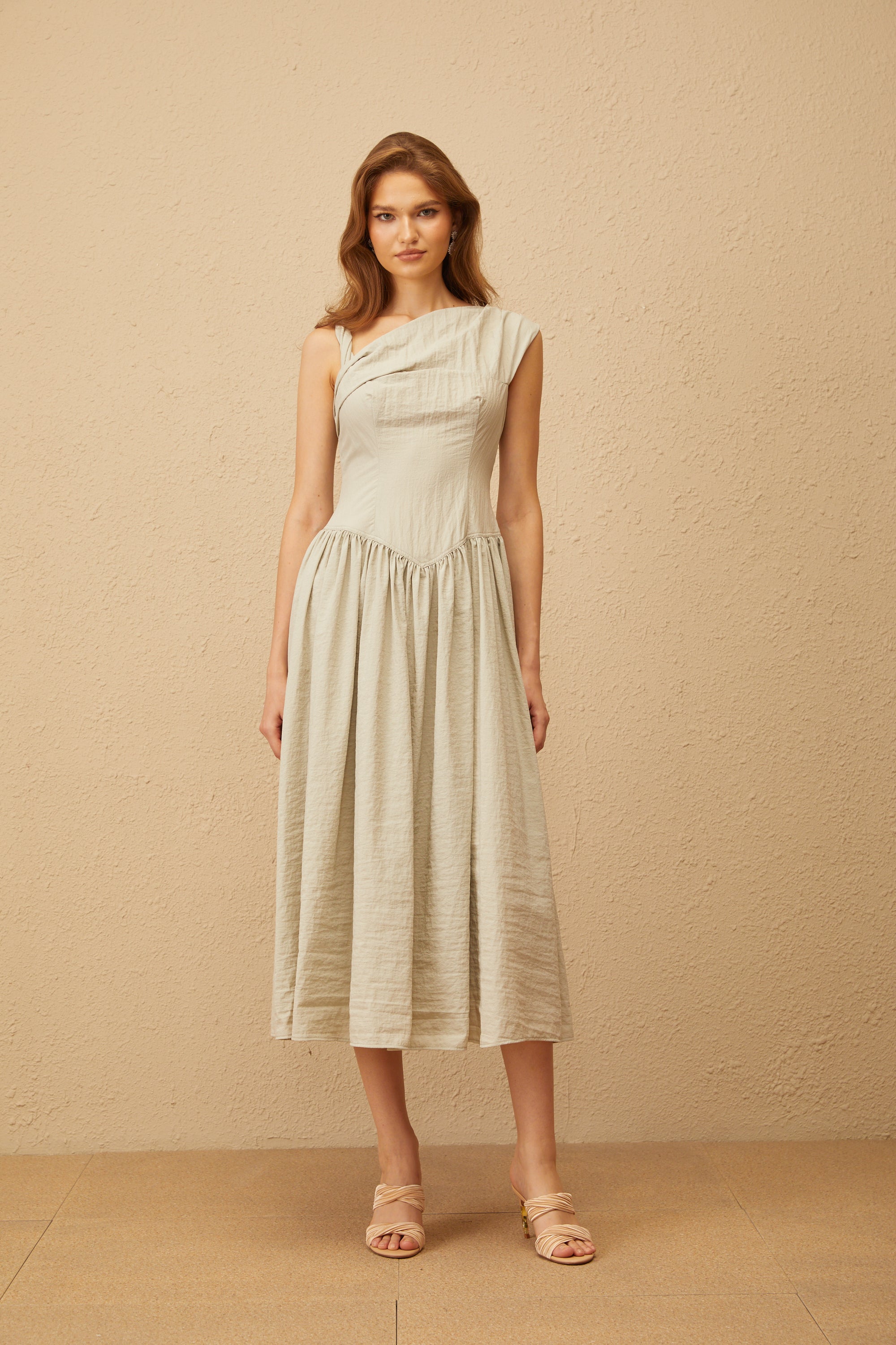 Thorne Bean Green Asymmetrical Midi Dress (Final Sale)