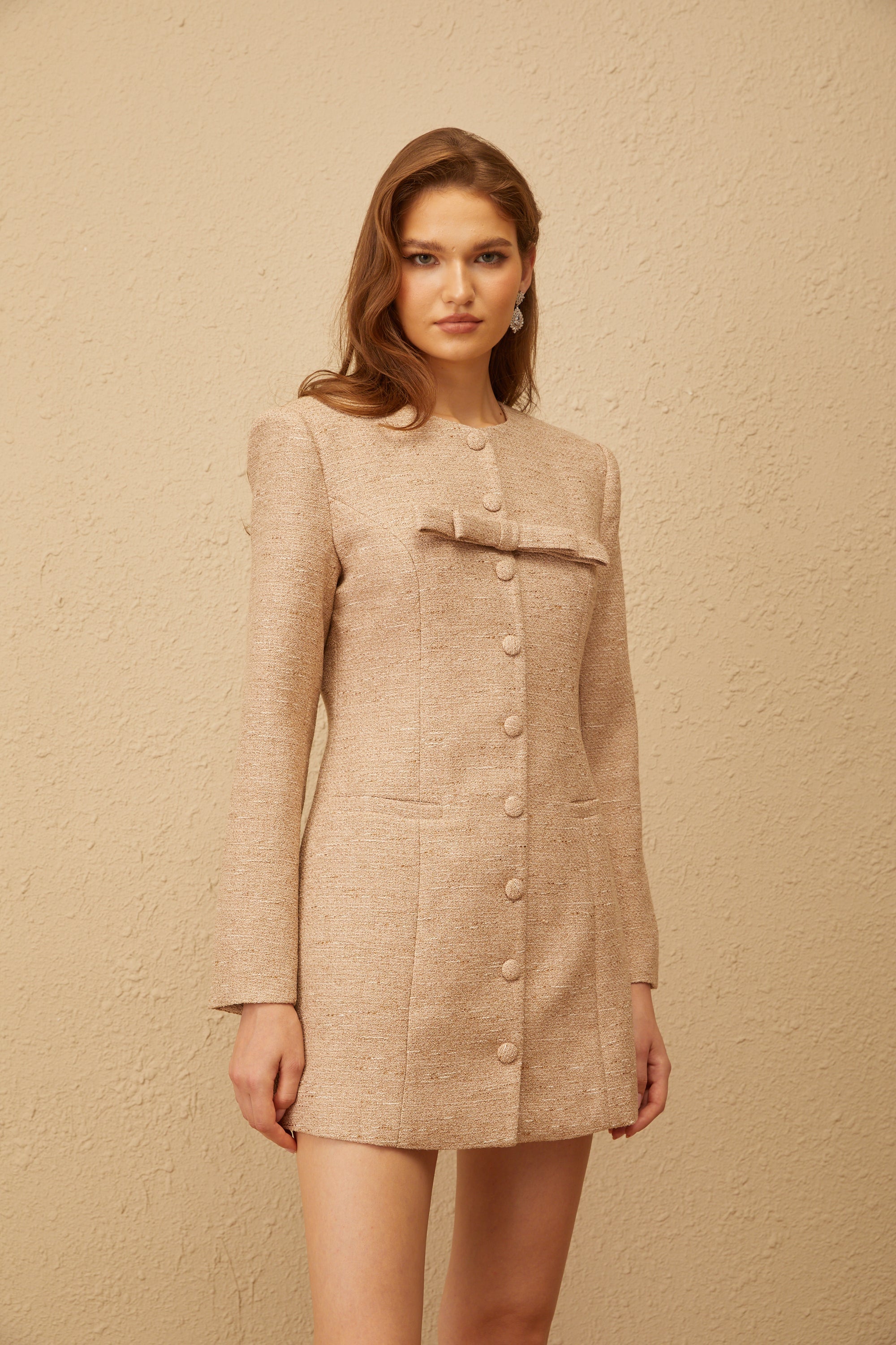 Uranie Khaki Bowknot Tweed Dress & Shorts Set