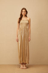 Tiphaine Gold Glossy Smocked Panel Midi Dress (Final Sale)
