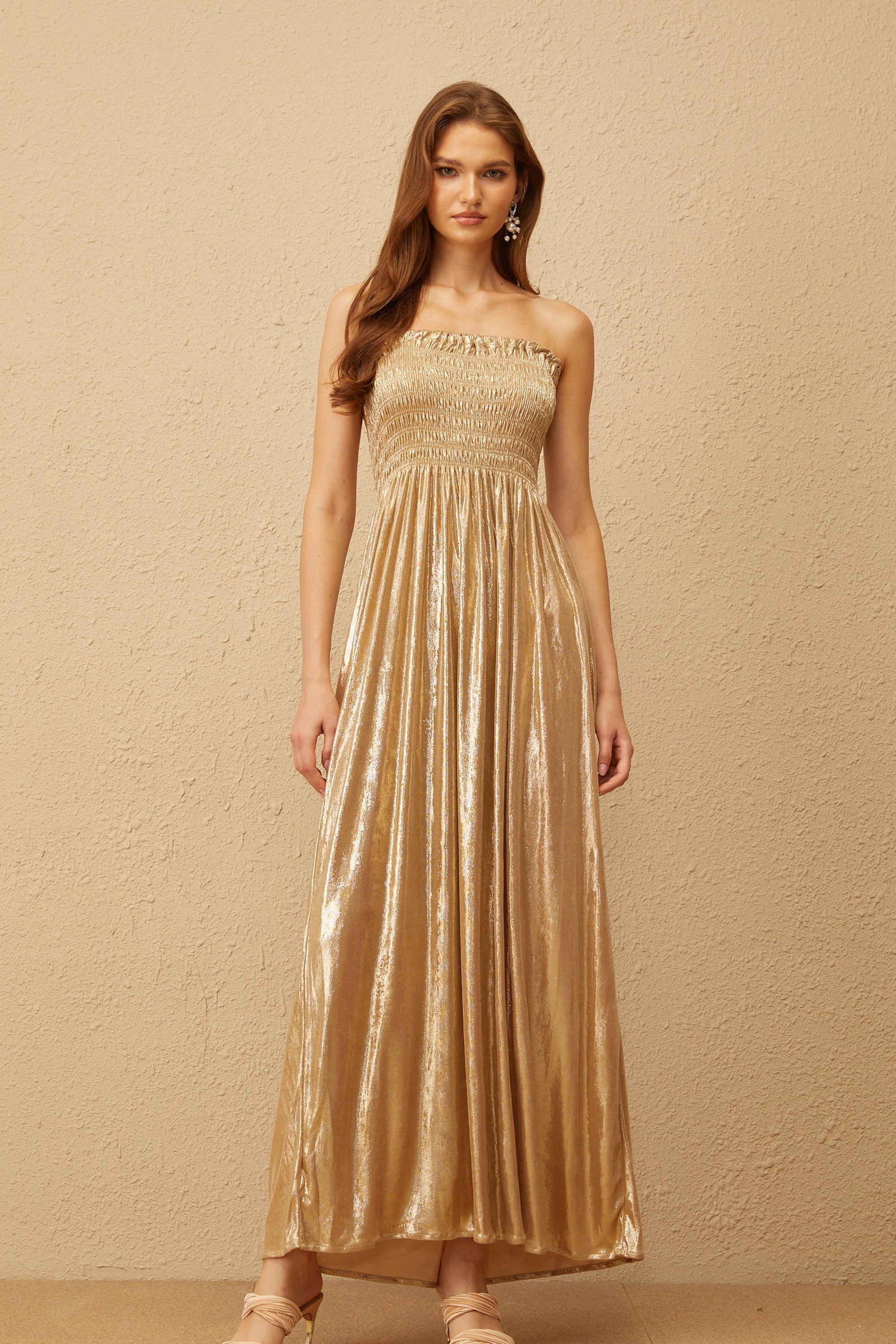 Tiphaine Gold Glossy Smocked Panel Midi Dress (Final Sale)