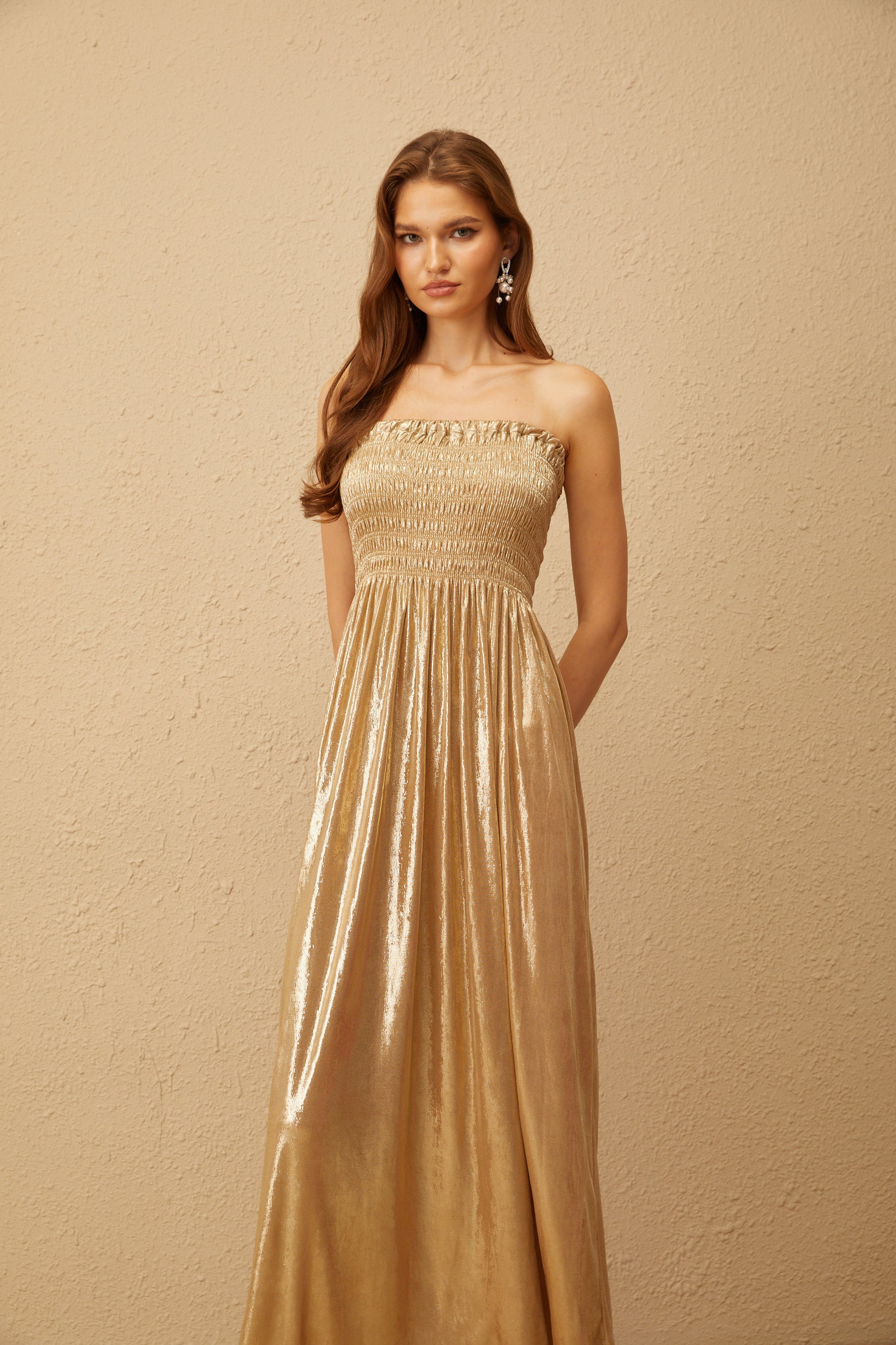 Tiphaine Gold Glossy Smocked Panel Midi Dress (Final Sale)