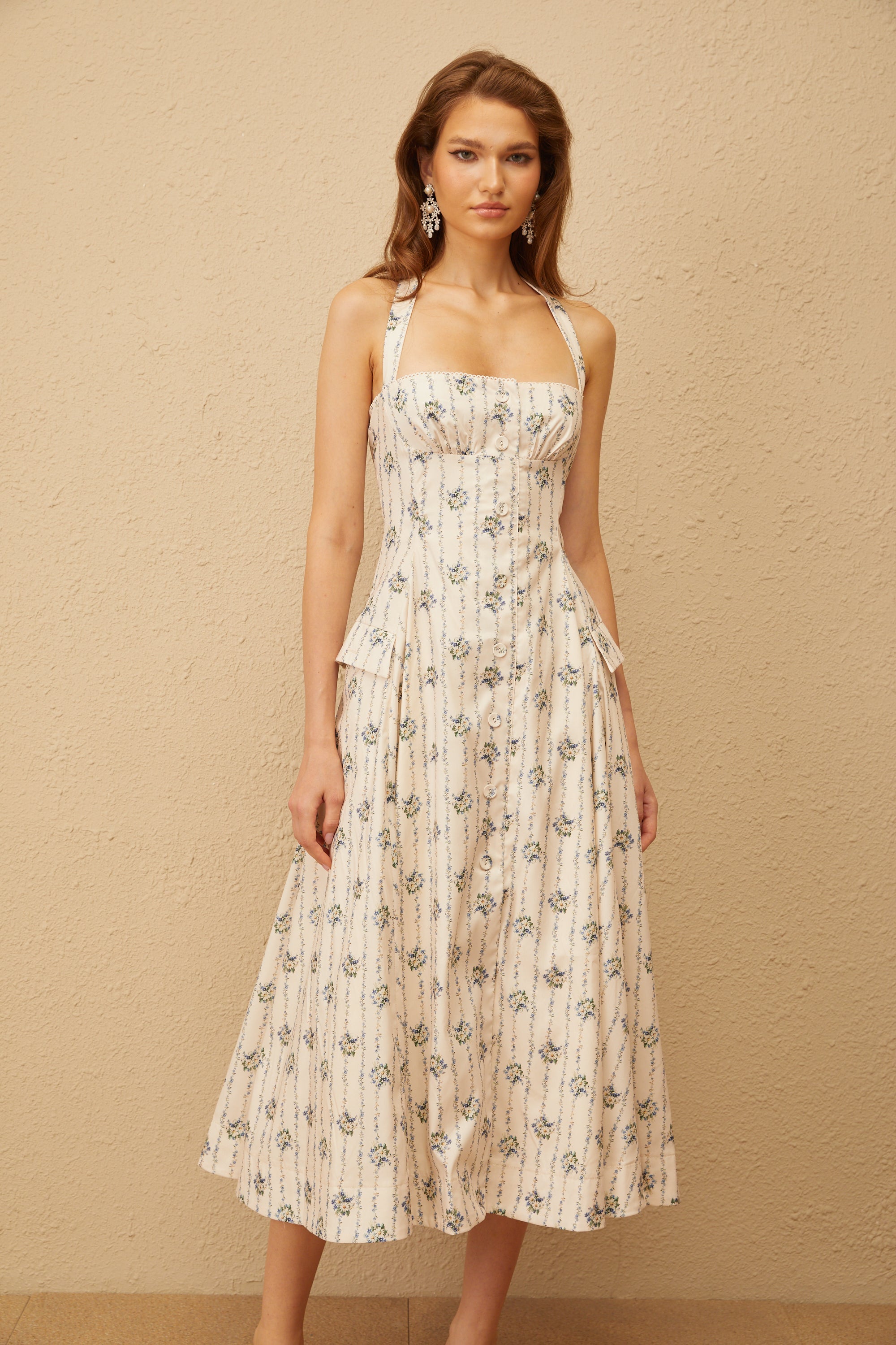 Estelle White Halterneck Floral Print Midi Dress (Final Sale)