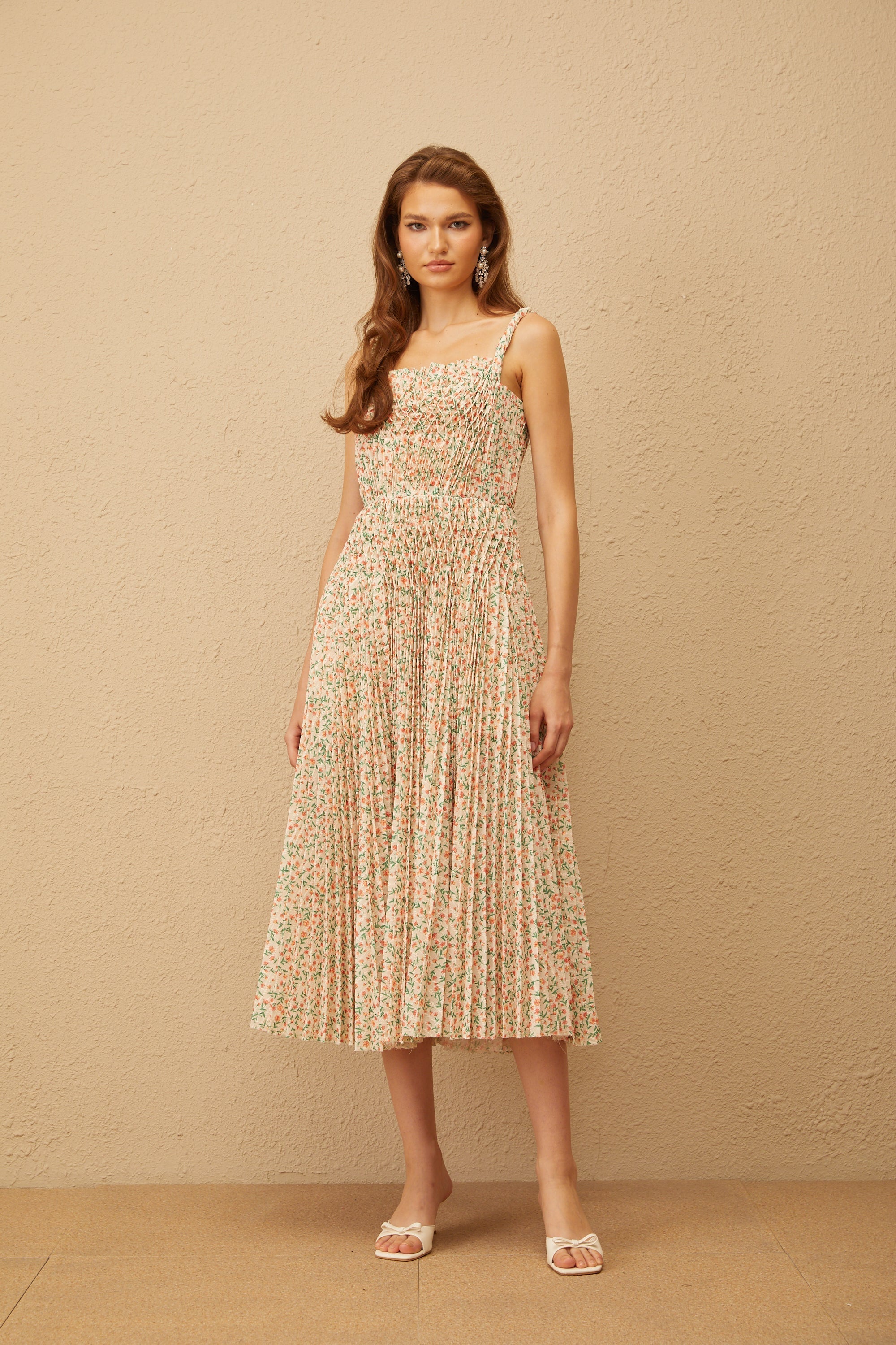 Marion Neutral Floral Print Pleated Midi Dress (Final Sale)