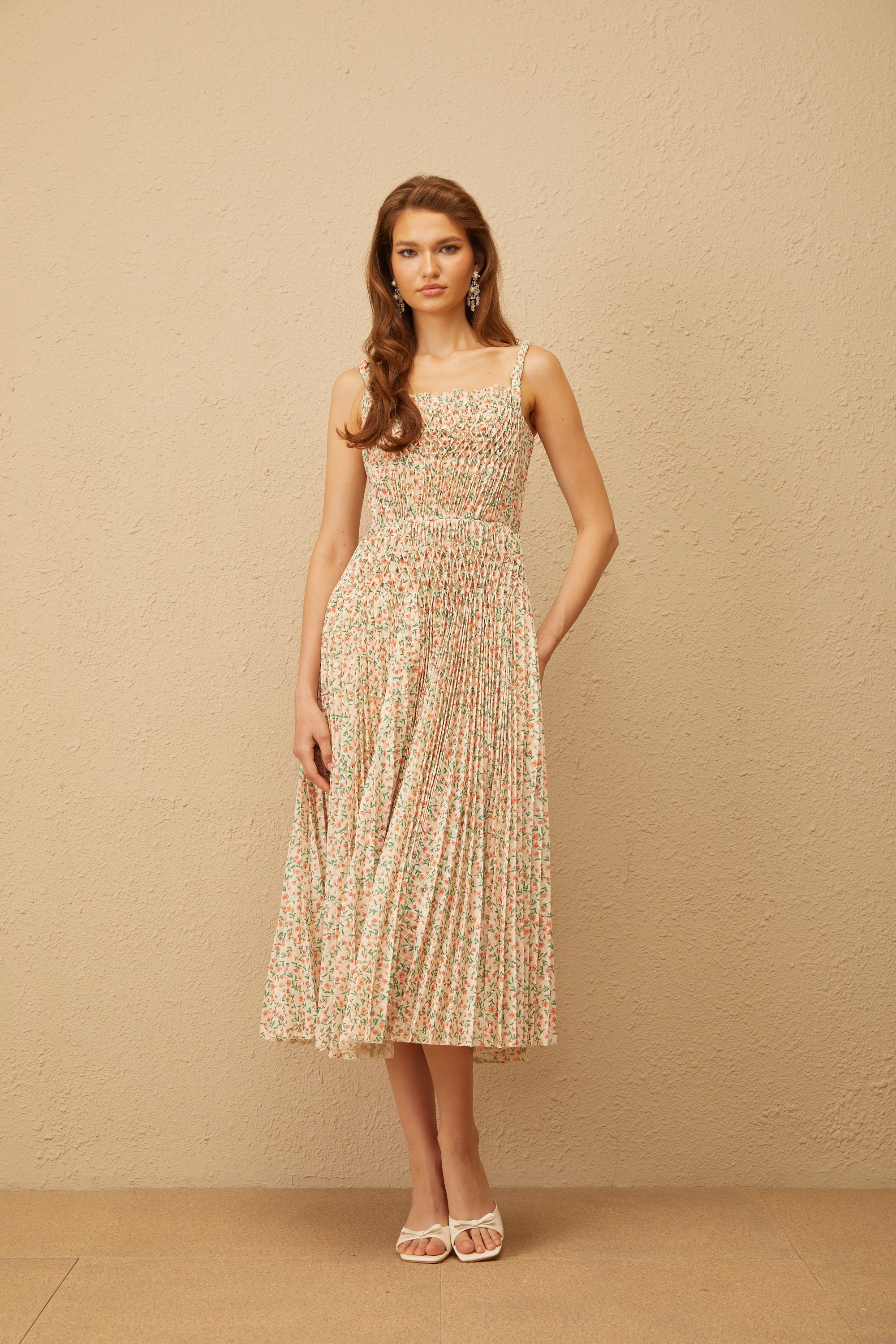 Marion Neutral Floral Print Pleated Midi Dress (Final Sale)