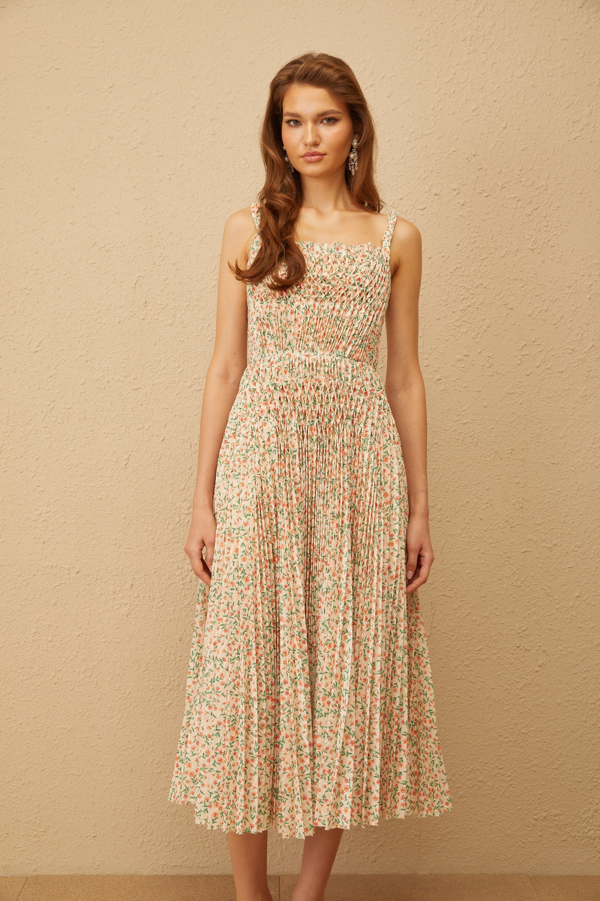 Marion Neutral Floral Print Pleated Midi Dress (Final Sale)