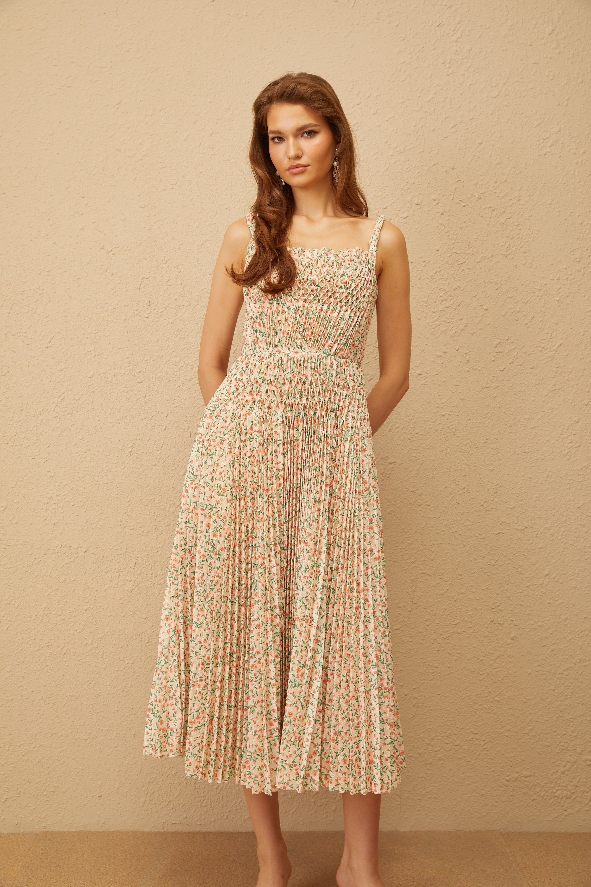 Marion Neutral Floral Print Pleated Midi Dress (Final Sale)