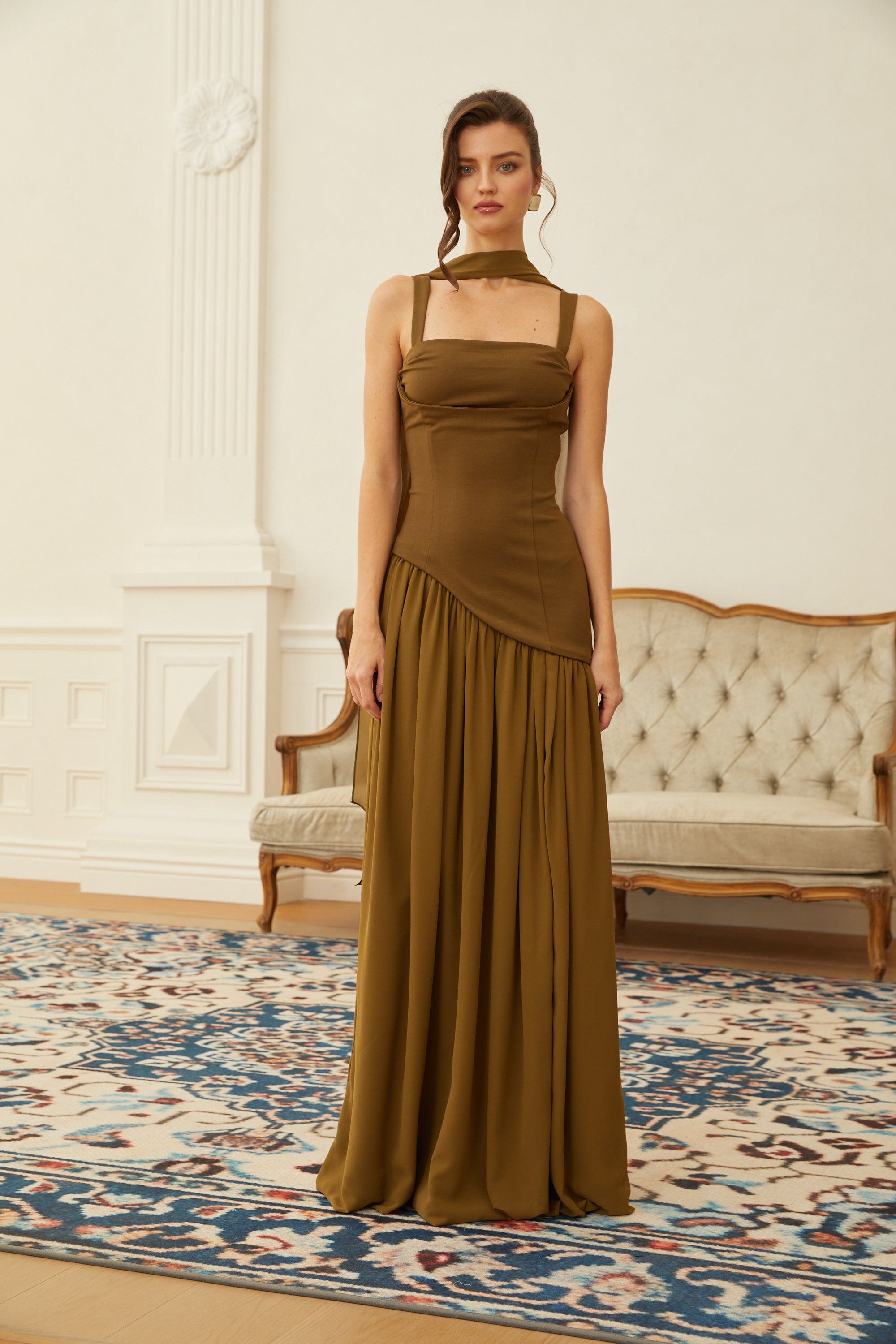Sidonie Atrovirens Asymmetrical Maxi Gown (Without Gloves)