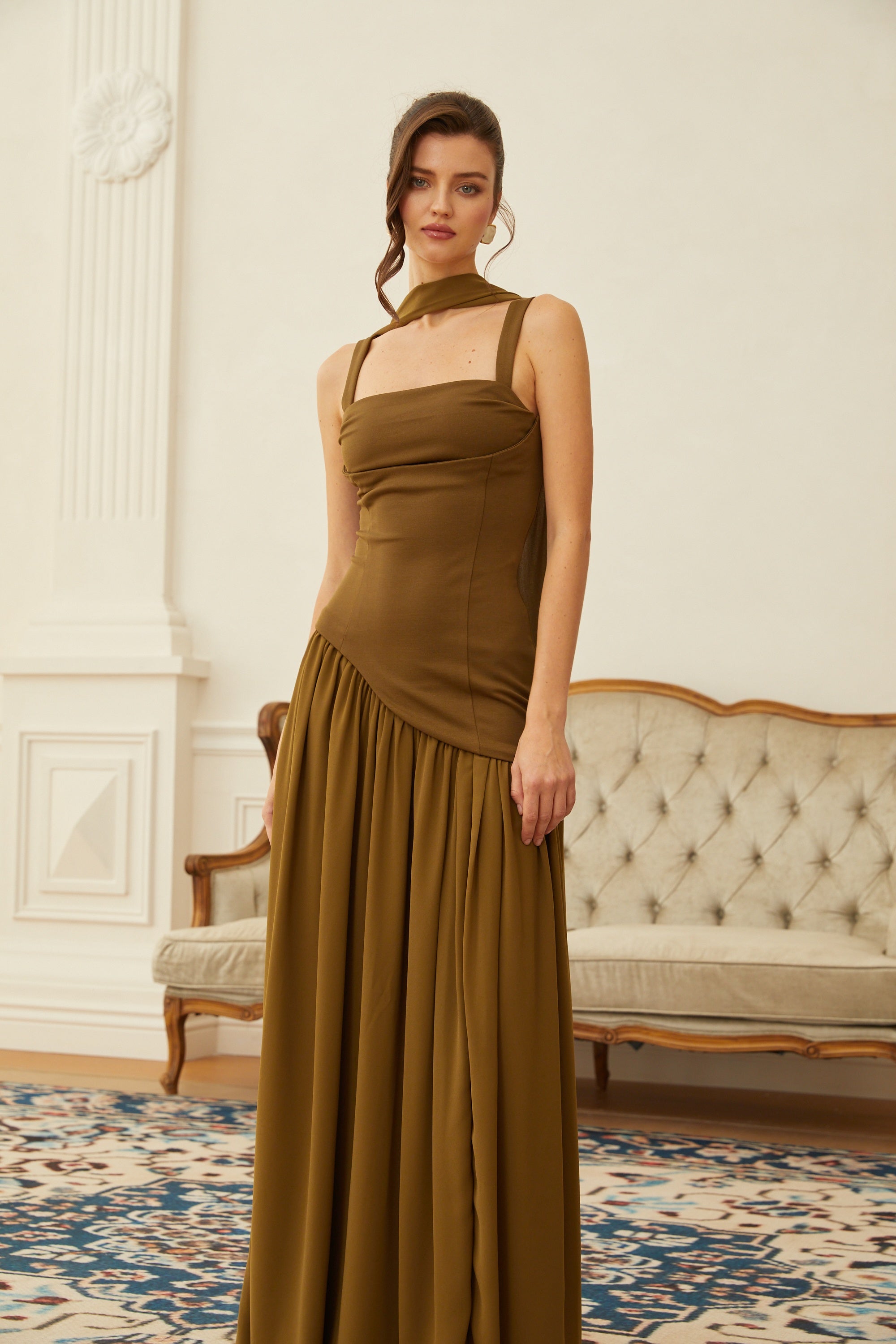 Sidonie Atrovirens Asymmetrical Maxi Gown (Without Gloves)