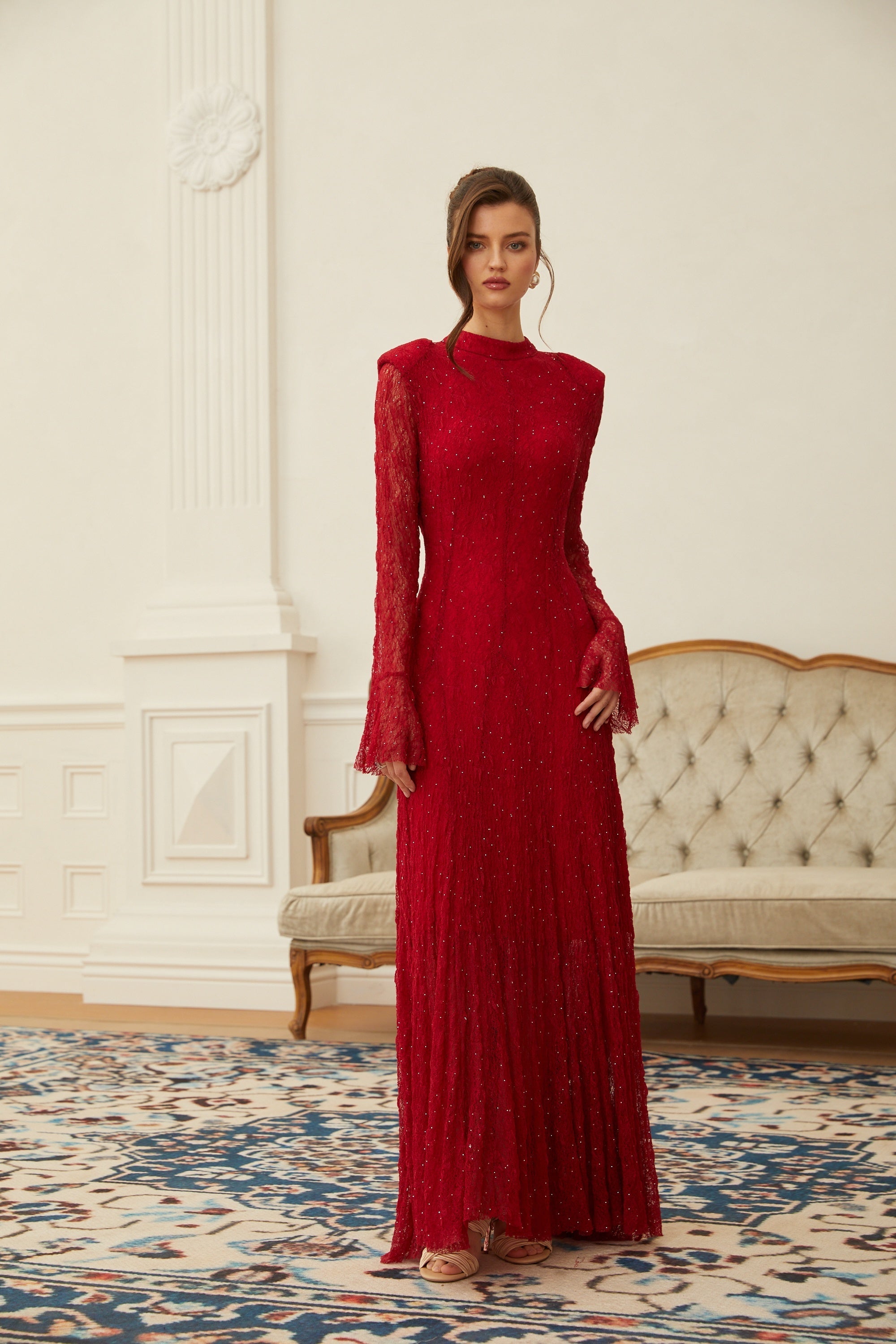 Justyna Red Rhinestone Guipure Lace Maxi Dress