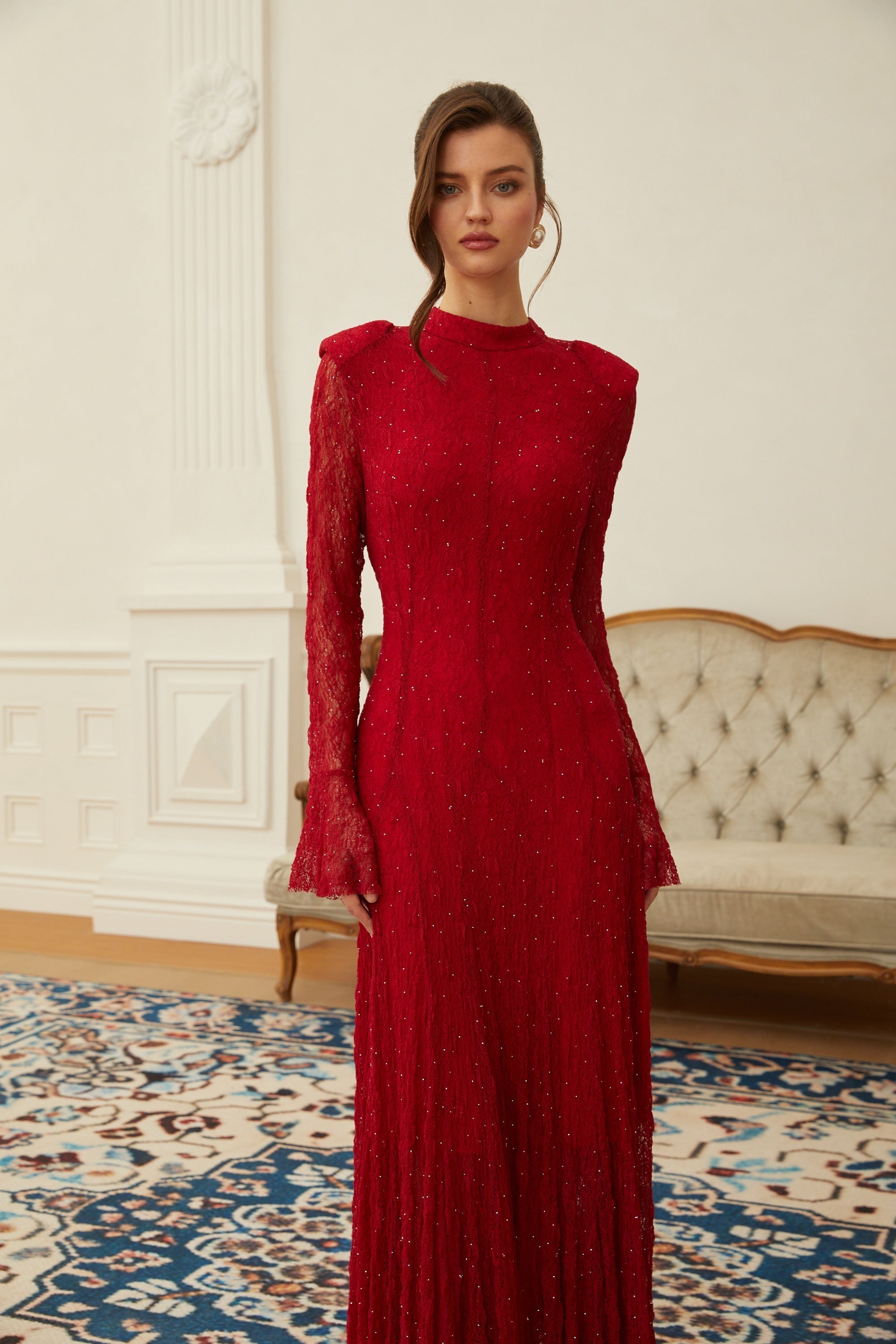 Justyna Red Rhinestone Guipure Lace Maxi Dress