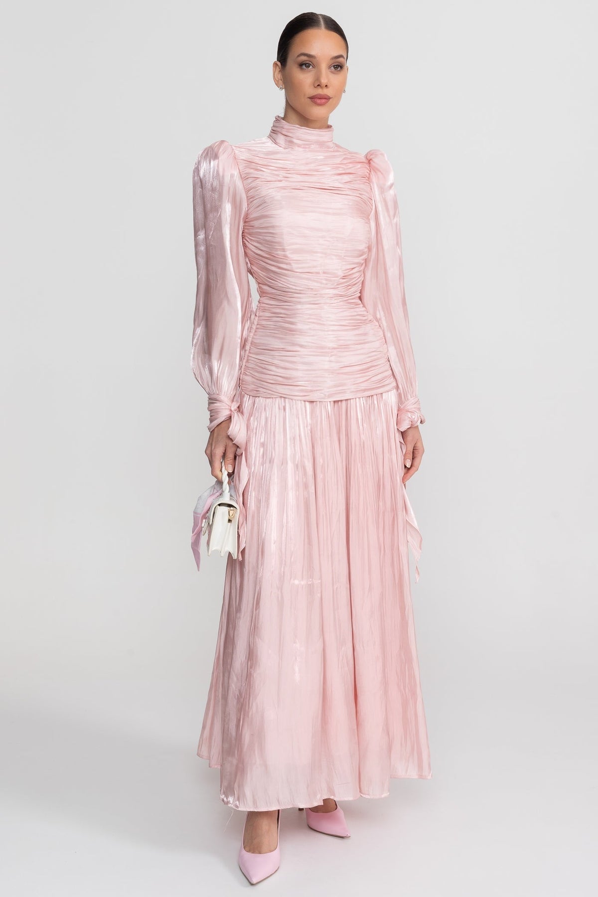 Ruched Long Sleeve Maxi Dress With Pleated Skirt - Blush Pink