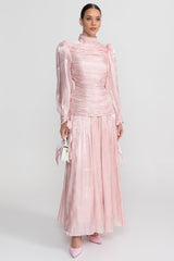 Ruched Long Sleeve Maxi Dress With Pleated Skirt - Blush Pink