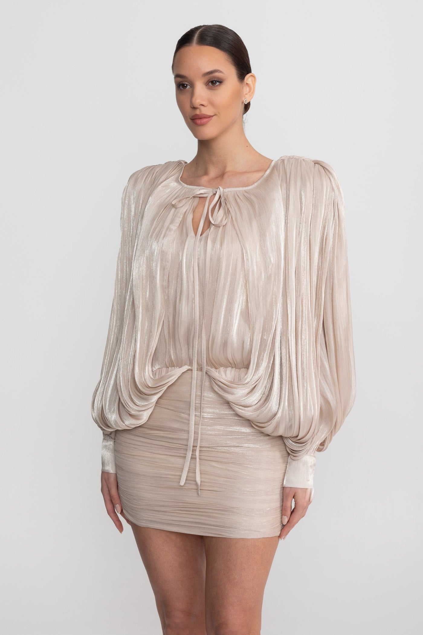 Draped Long Sleeve Mini Dress With Batwing Sleeves - Champagne