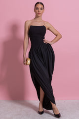 Strapless Maxi Dress With Asymmetric Draped Skirt - Black