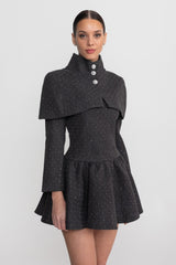 Long Sleeve Mini Dress With Detachable Cape Overlay - Charcoal