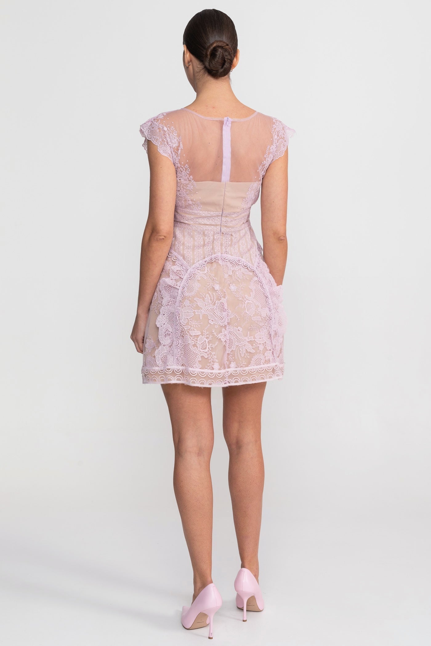 Cap Sleeve Mini Dress With Sheer Yoke And Pearl Button Detail - Lilac