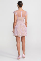 Cap Sleeve Mini Dress With Sheer Yoke And Pearl Button Detail - Lilac