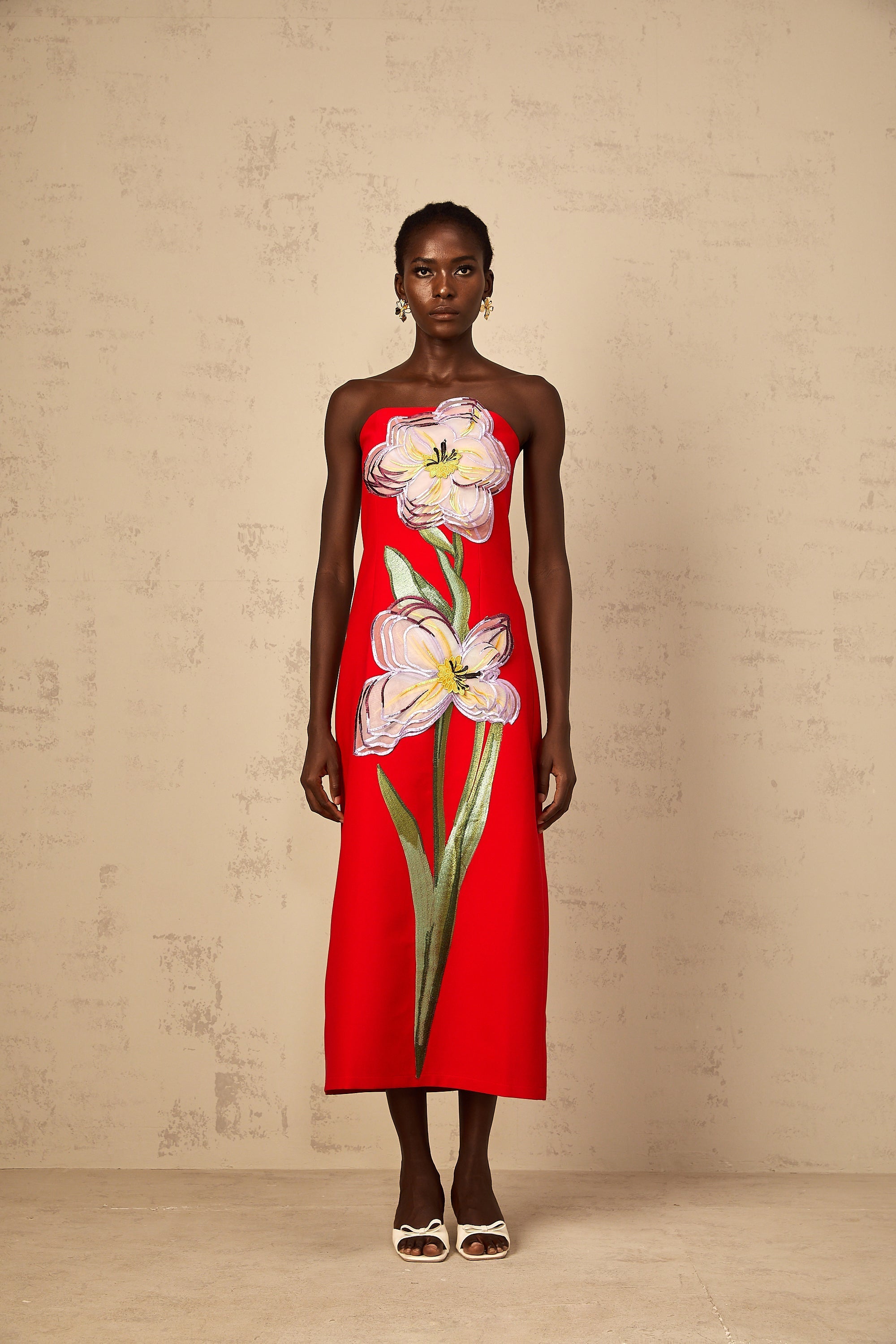 Irène Sequin Embroidered Off-Shoulder Midi Dress in Red (Final Sale-US Only)