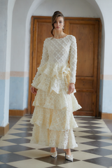 Halla Neutral Tiered Floral Lace Maxi Dress