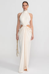 High Neck Halter Maxi Dress With Knotted Cut-Out Waist - Ivoire