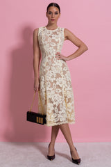 Lace Sleeveless Midi Dress With Round Neckline And Scalloped Hem - Yellow