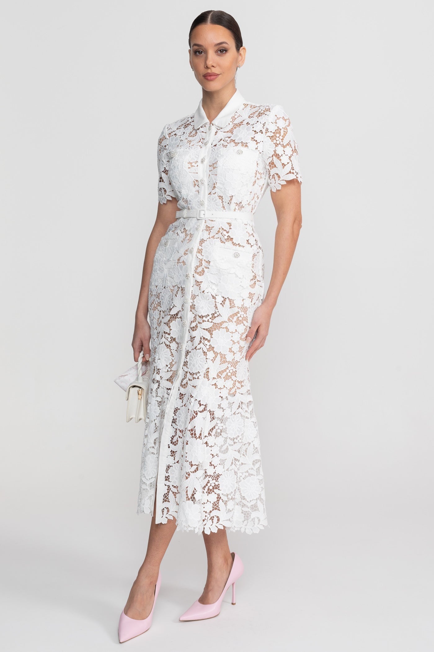 Lace Short Sleeve Midi Dress With Collared Neckline And Belted Waist - White