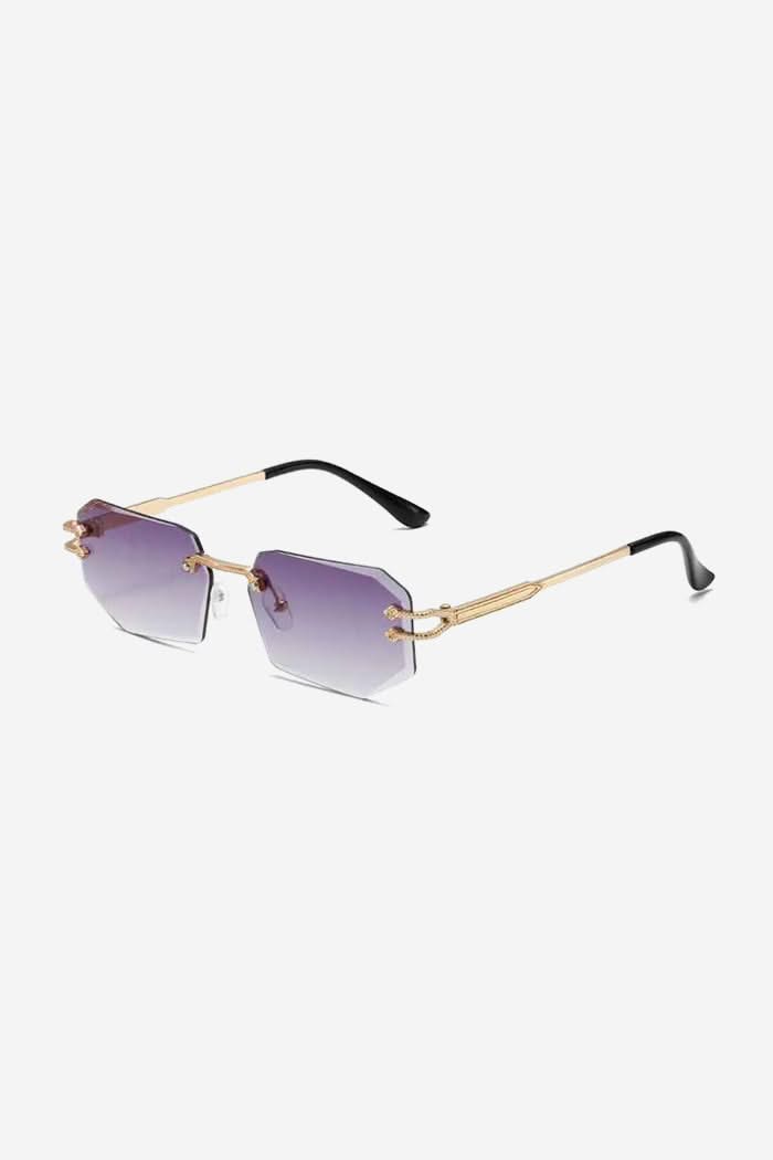 Rimless Geometric Sunglasses with Textured Gold Chain Temples – Purple