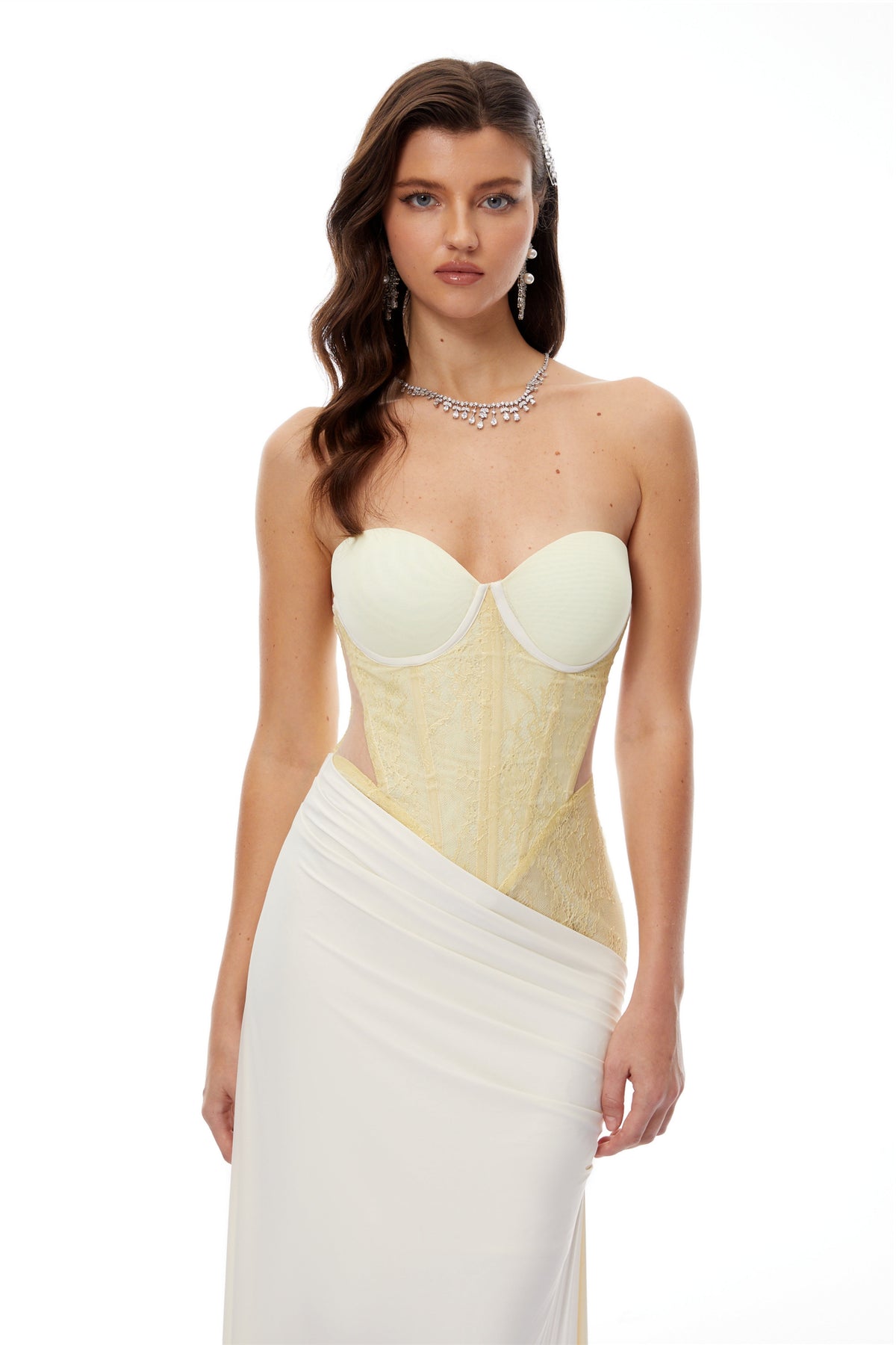 Beata Yellow Lace Corset Bodice Maxi Dress