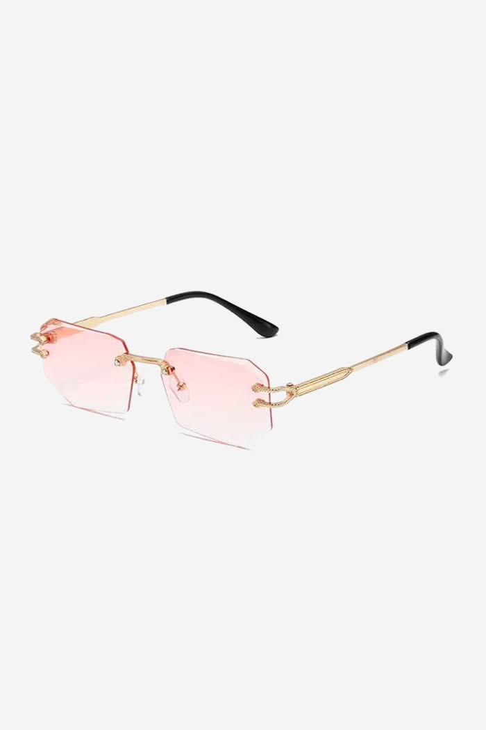 Rimless Geometric Sunglasses with Textured Gold Chain Temples – Pink