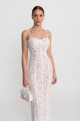 Lace Midi Dress With Sheer Corset Bodice - White