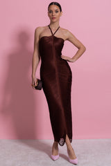 Halter Neck Midi Dress With All-Over Pleated Texture - Brown
