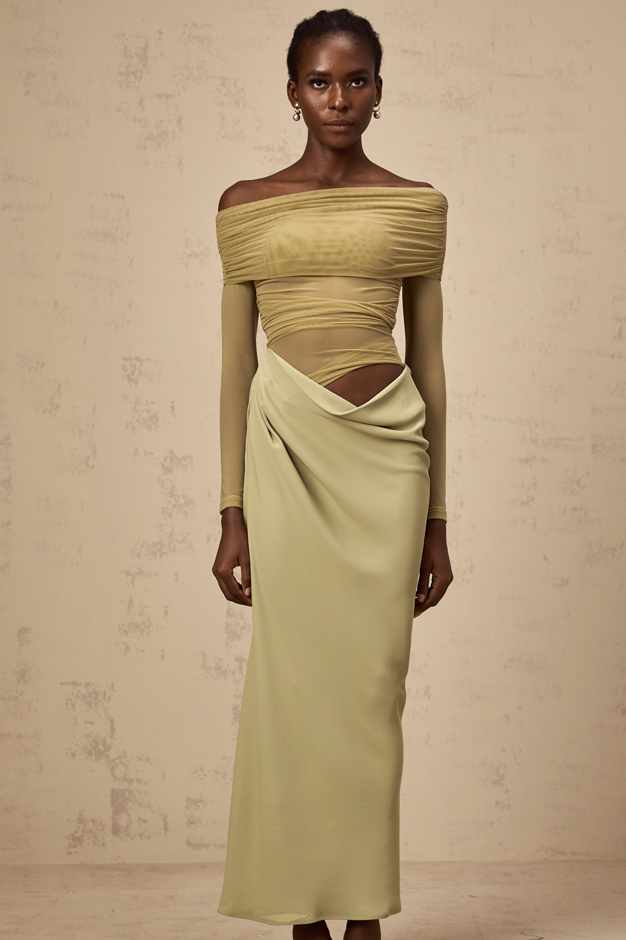 Estelle off-shoulder semi-sheer midi dress in Green (Final Sale-US Only)