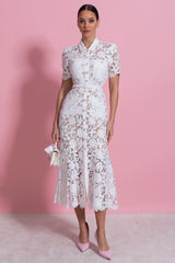 Lace Short Sleeve Midi Dress With Collared Neckline And Belted Waist - White
