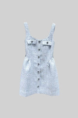 Textured Mini Dress With Fitted Bodice And Contrasting Buttons - Light Blue