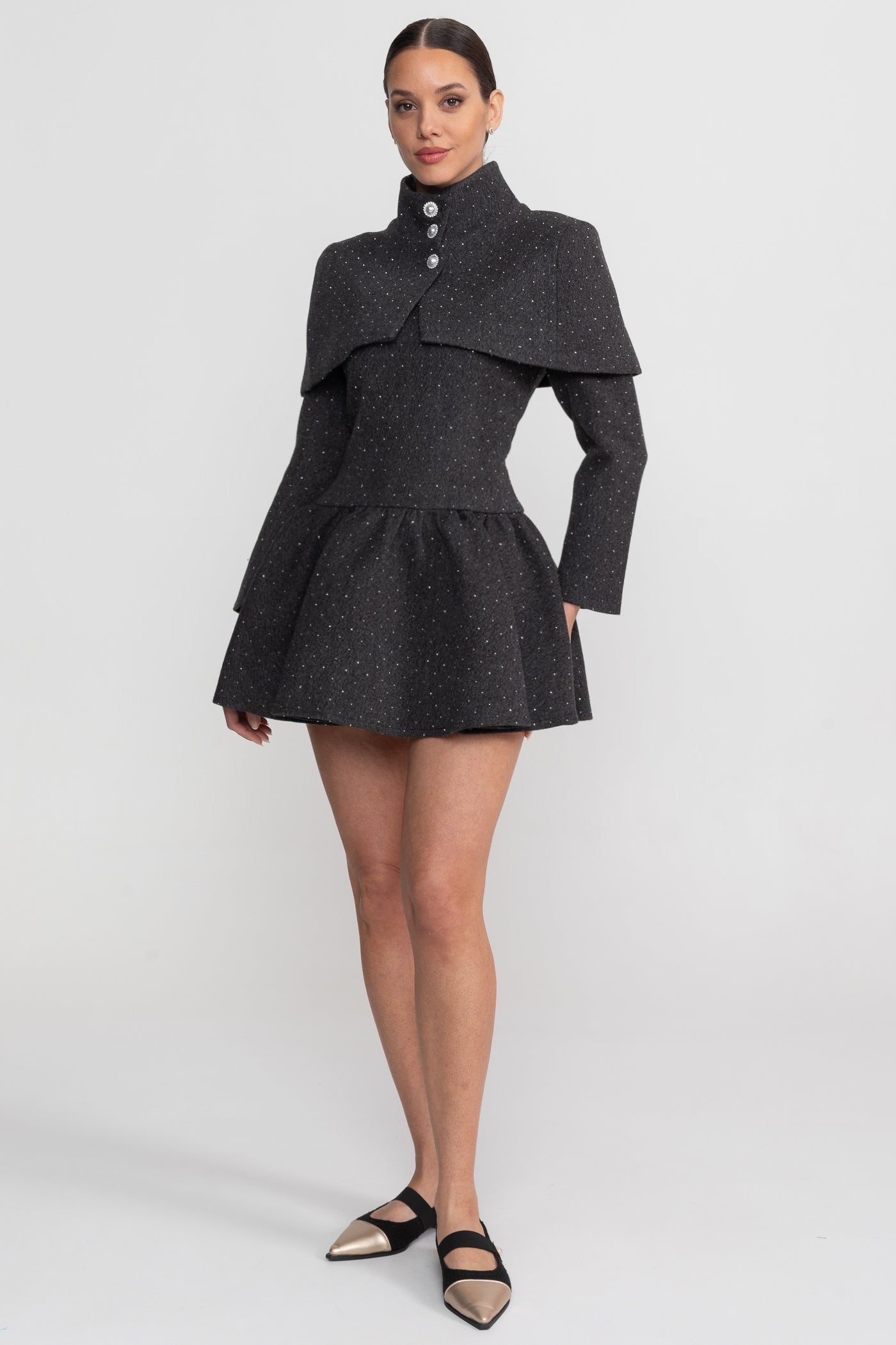 Long Sleeve Mini Dress With Detachable Cape Overlay - Charcoal
