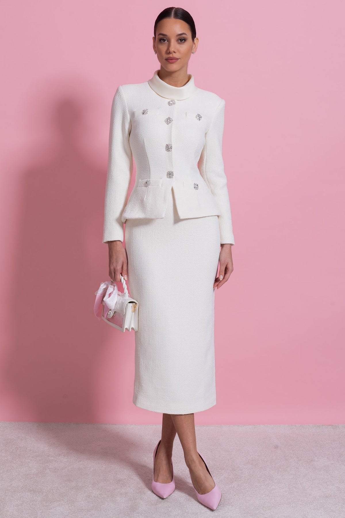 Textured Co-Ord Set With High Neck Jacket And Crystal Button Detail - White