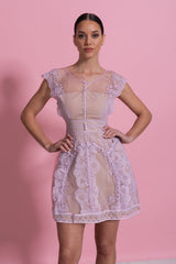 Cap Sleeve Mini Dress With Sheer Yoke And Pearl Button Detail - Lilac