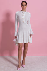 Open-Knit Mini Dress With Ruffle High Neck And Pearl Button Placket - White