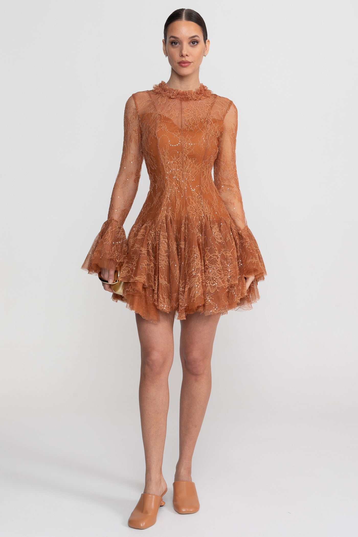 Sheer Lace Long Sleeve Mini Dress With Ruffled Hem - Rust